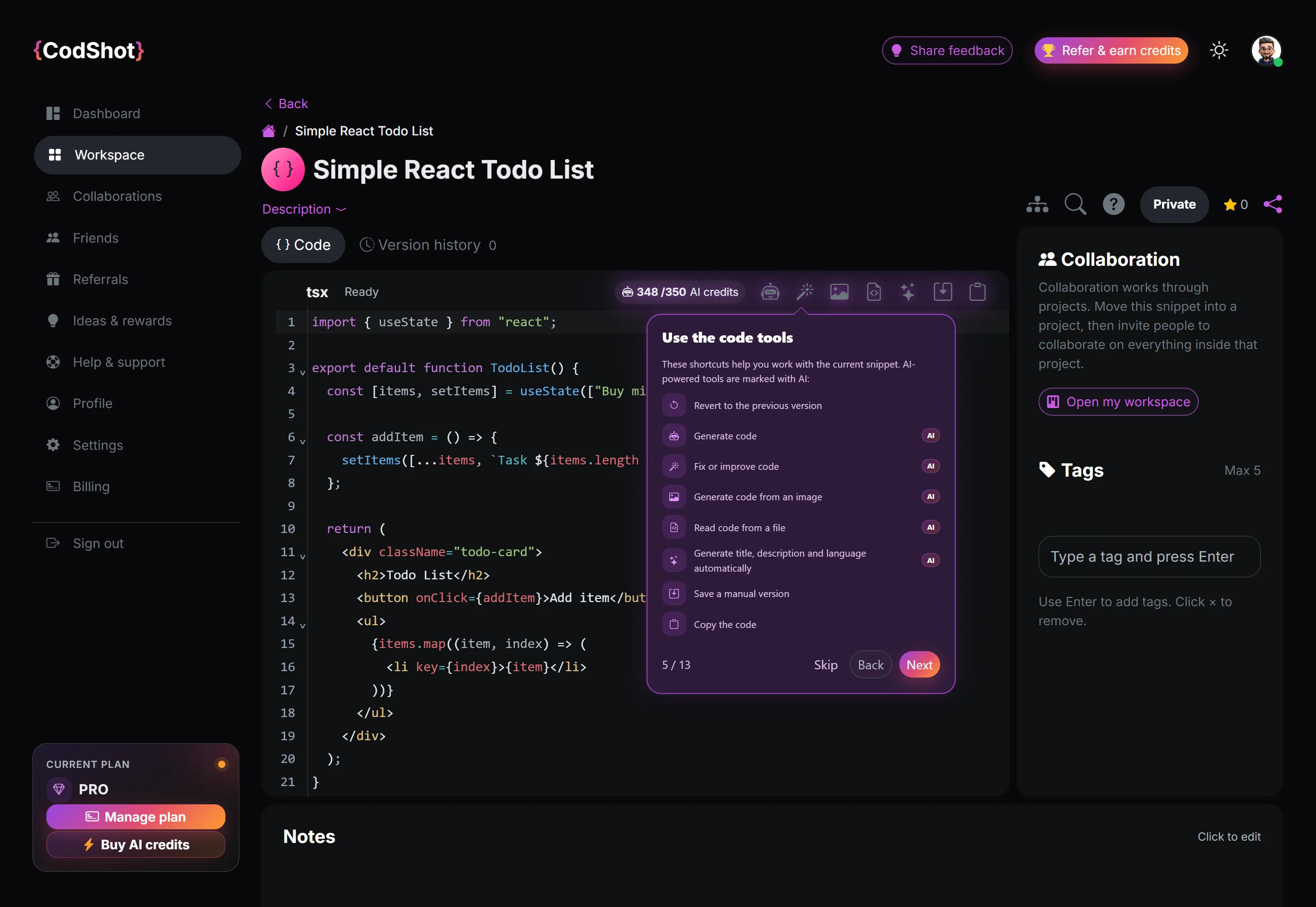 CodShot snippet page with built-in AI tools panel and code editor