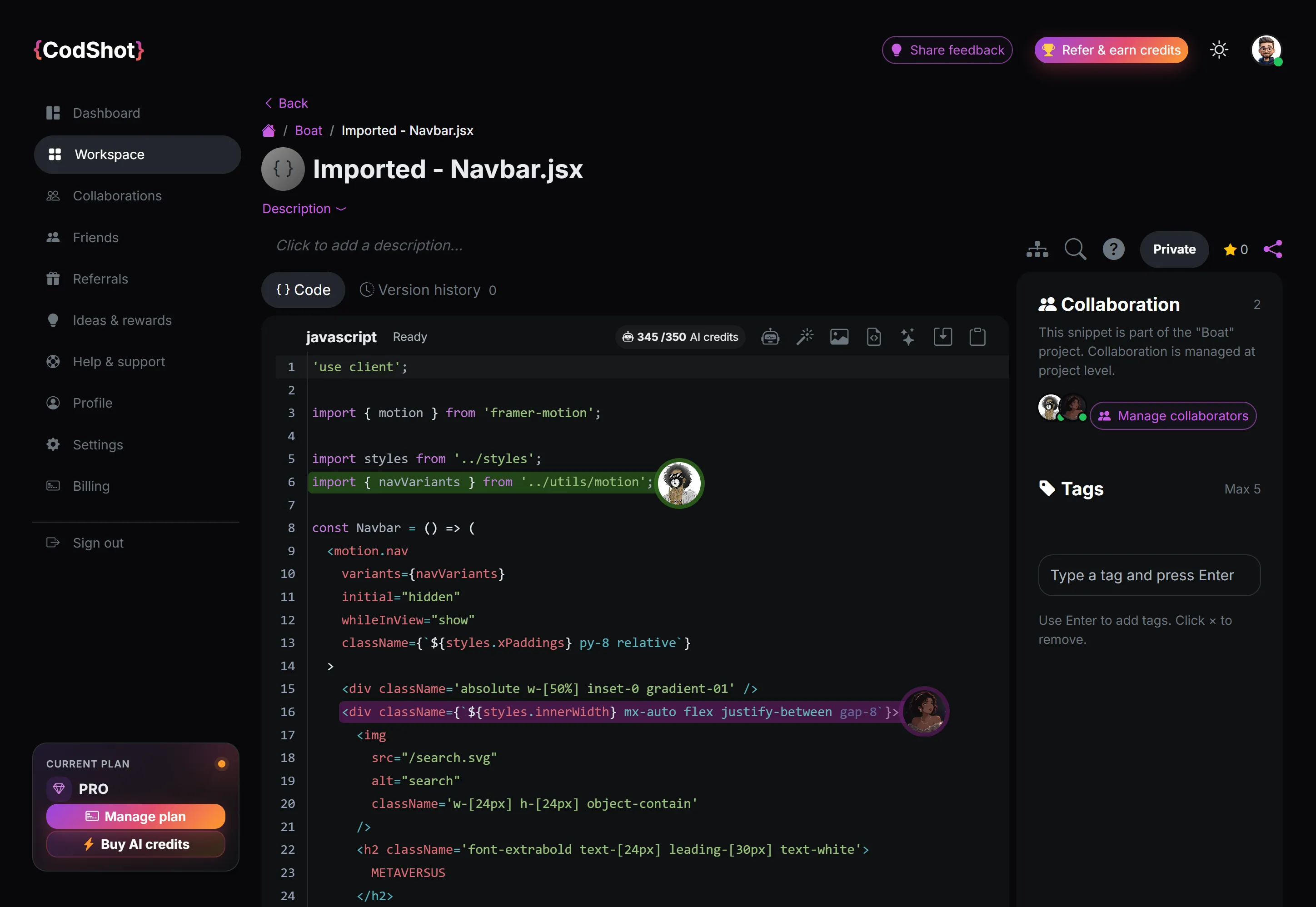 CodShot collaboration view with shared project, collaborators, and snippet editor