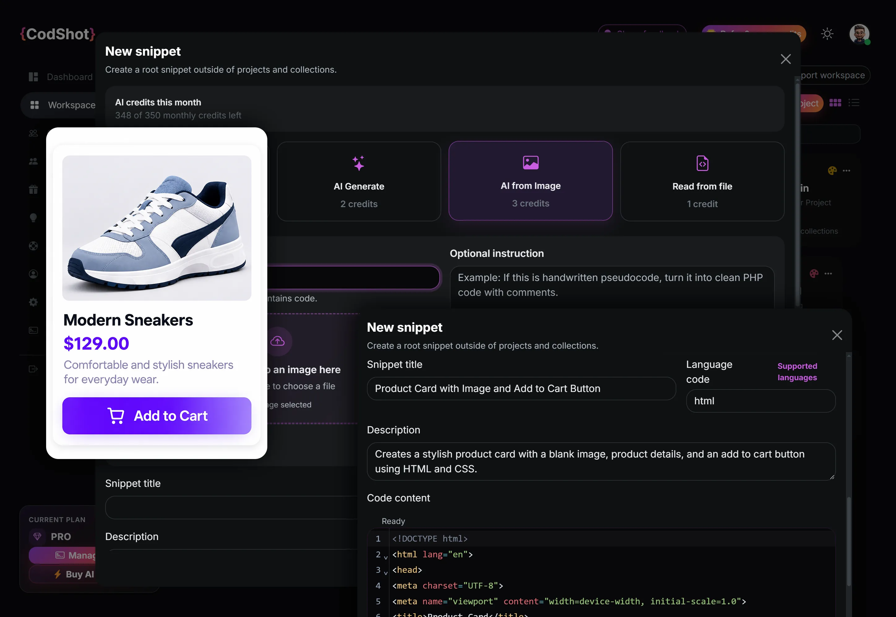 CodShot image-to-code workflow with uploaded design image and generated code snippet