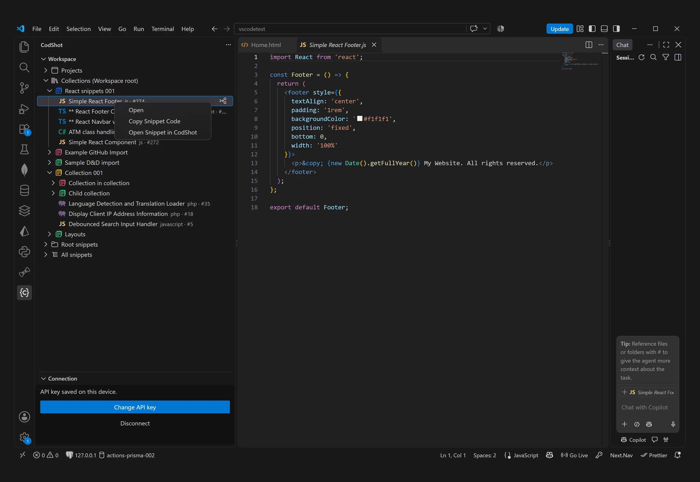 CodShot VS Code extension showing snippet tree, context menu, and a code editor
