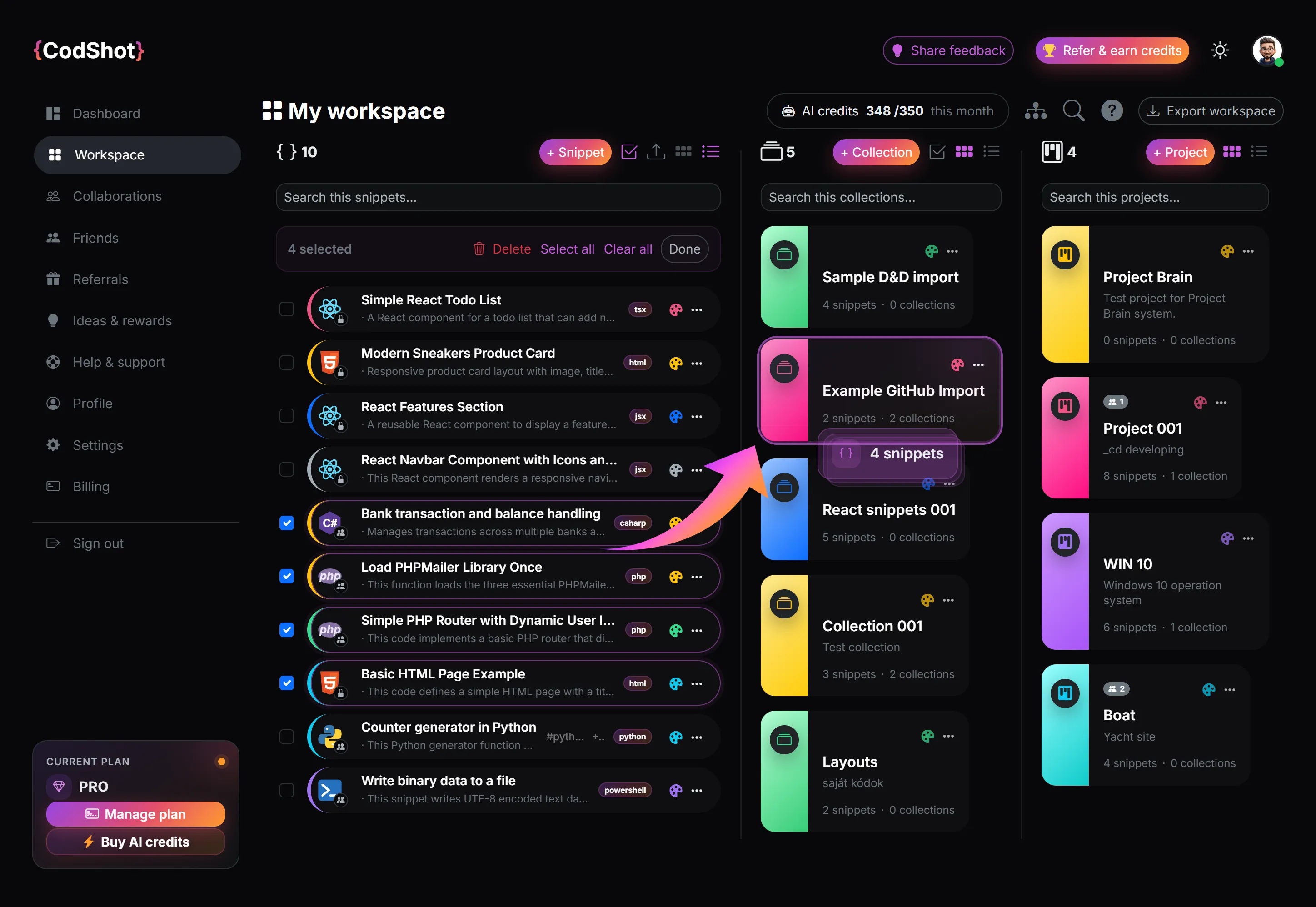 CodShot workspace with snippets arranged into collections and projects