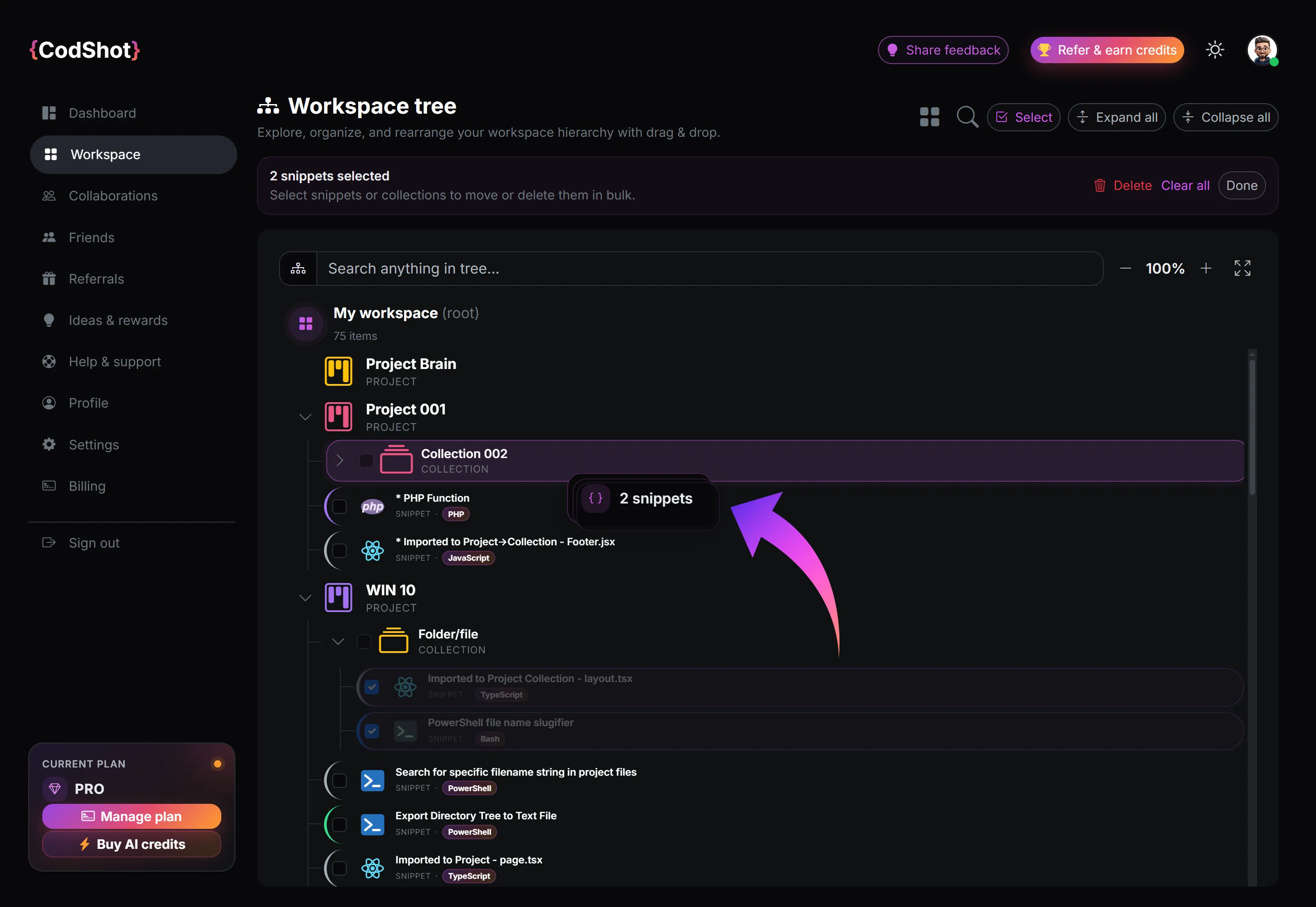 CodShot workspace tree view with drag and drop organization